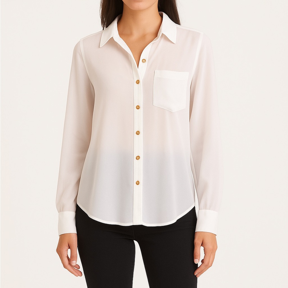 MANGO White Button Down Shirt Chiffon Long Sleeve Blouse High Low Size M (6)